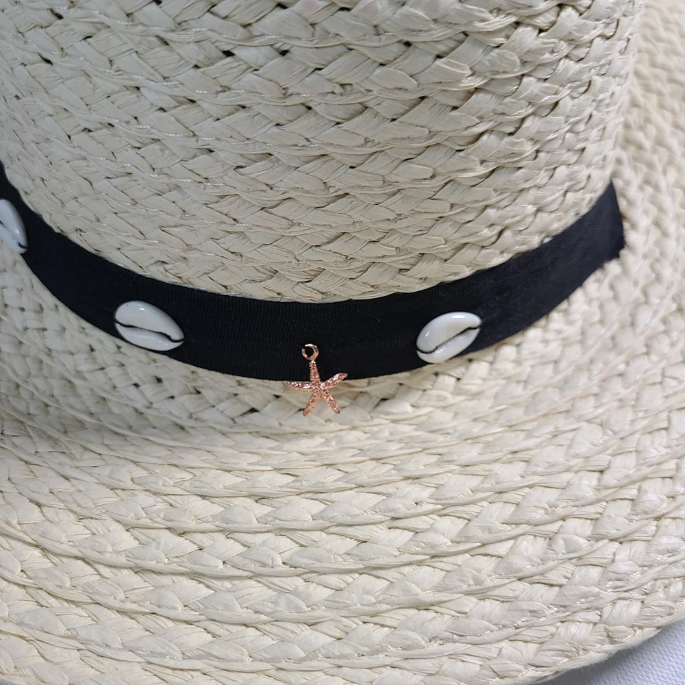 Steve Madden Beach Hat Shells Natural Paper Wide-Brim Hat with Black Band O/S